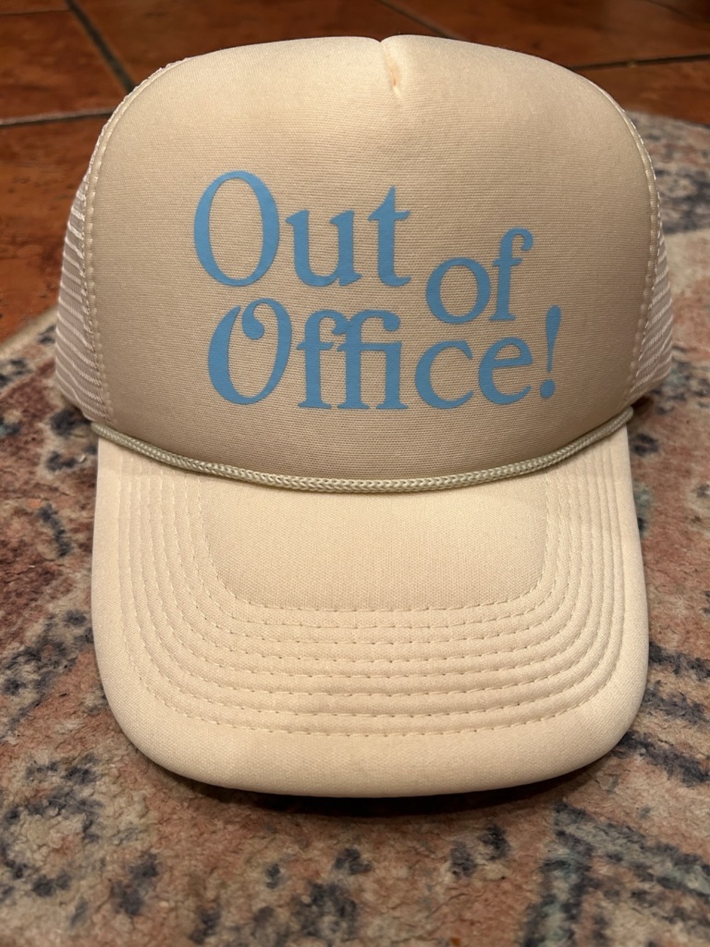 Source Unknown Beige "Out of Office!" Trucker Hat with Light Blue Print